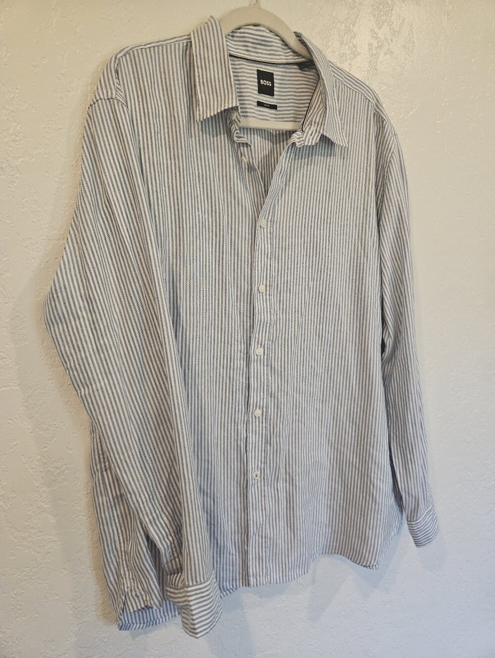 BOSS Roger Blue & White Striped Mens Long Sleeve Dress Shirt Size XXL Slim Fit.
